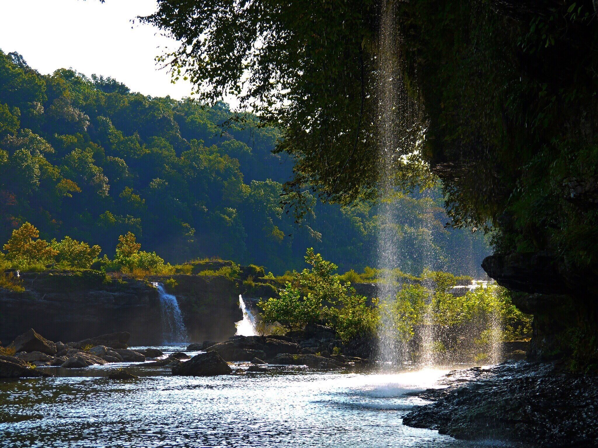 A waterfall cascading into a river surrounded by dense forest.