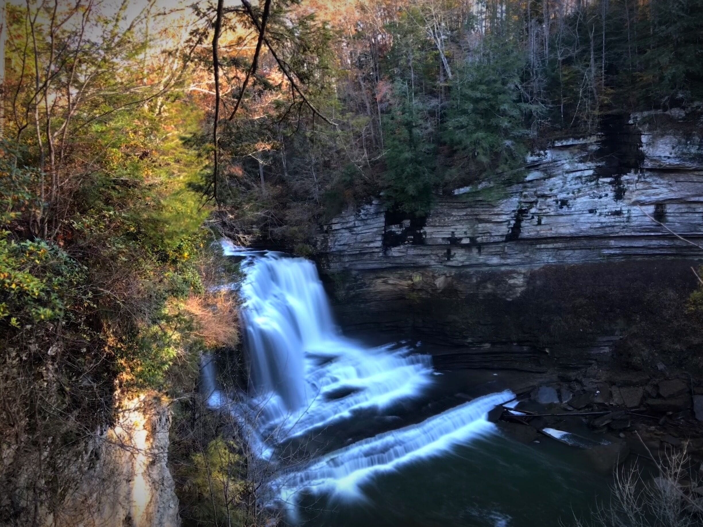 During the summer Cummin’s Falls is jam packed with people swimming in one of the top rated swimming holes in the USA.  In the Fall, it is a vey picturesque cascading waterfall that the tops my lists of Waterfalls to visit in the state of Tennessee.
