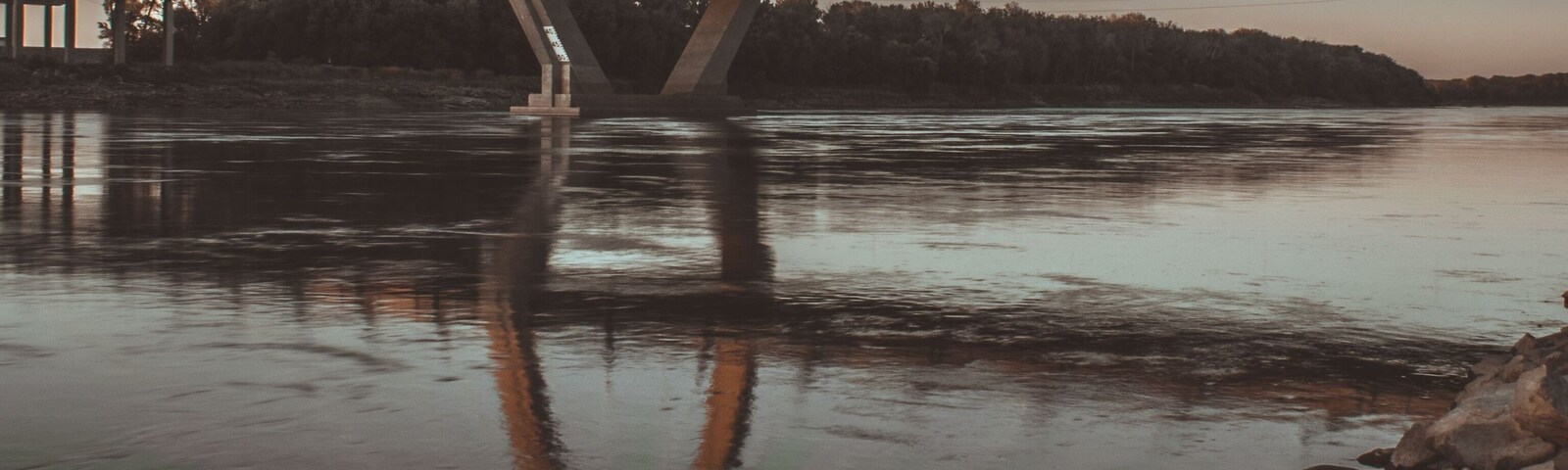 View of the Christopher S. Bond Bridge over Missouri River in Kansas City, from the riverfront park