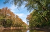 Ein Fluss, umgeben von herbstlich gefärbten Bäumen und einem klaren, blauen Himmel.