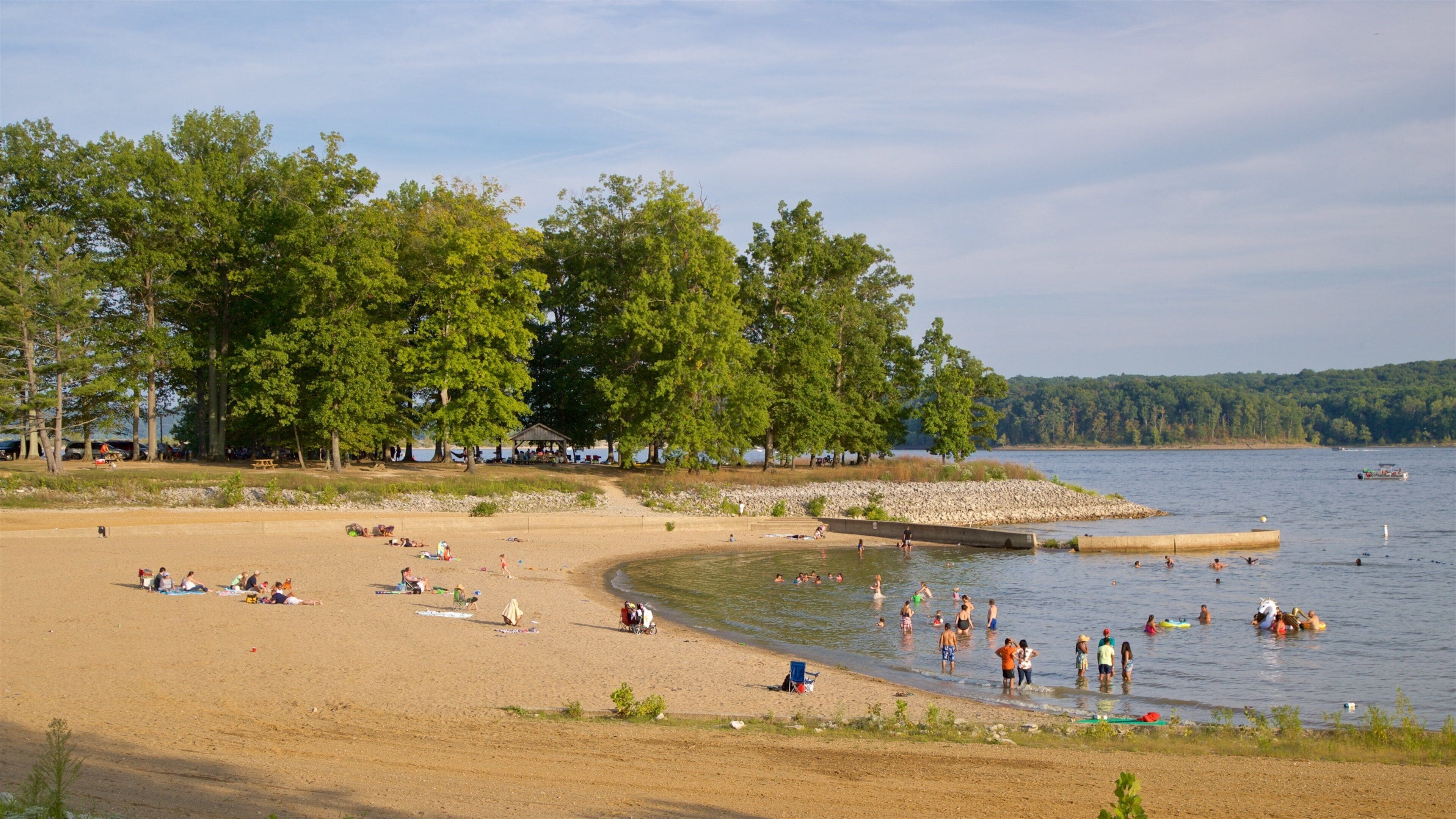 Monroe Lake which includes a lake or waterhole, a beach and swimming