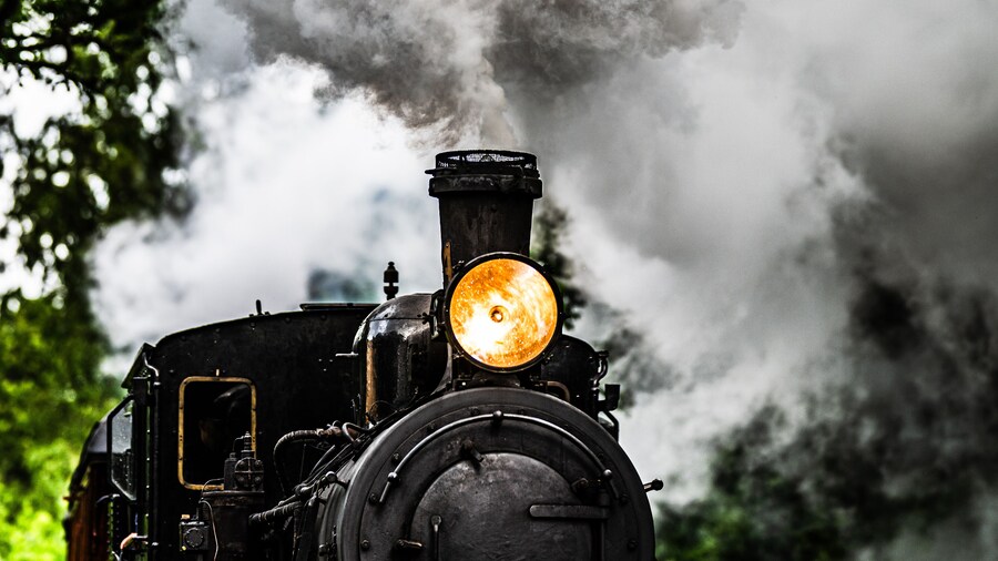 Vintage museum steam train approaching through green forest.