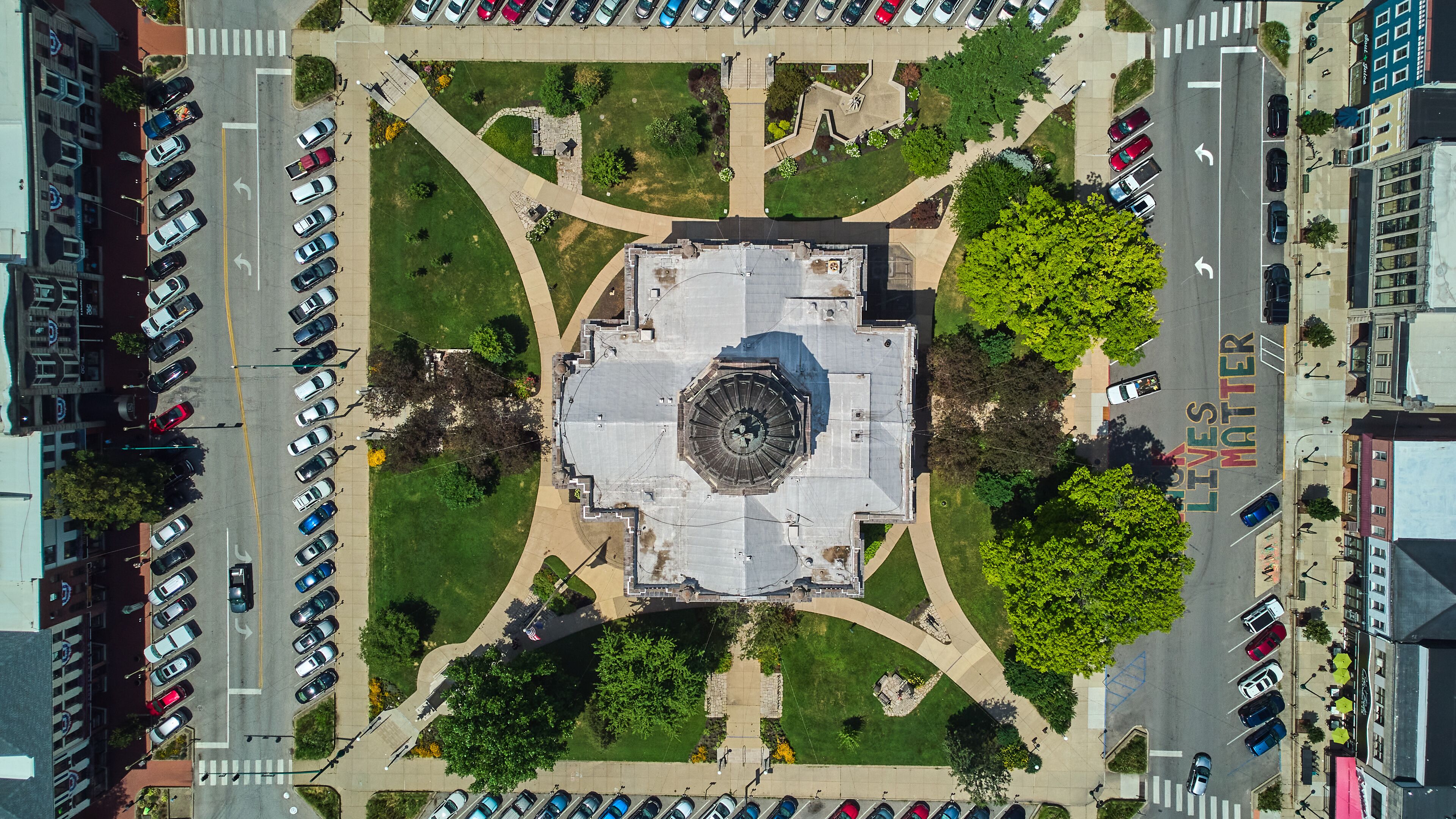 Looking down on Courthouse and The Square in Bloomington Indiana