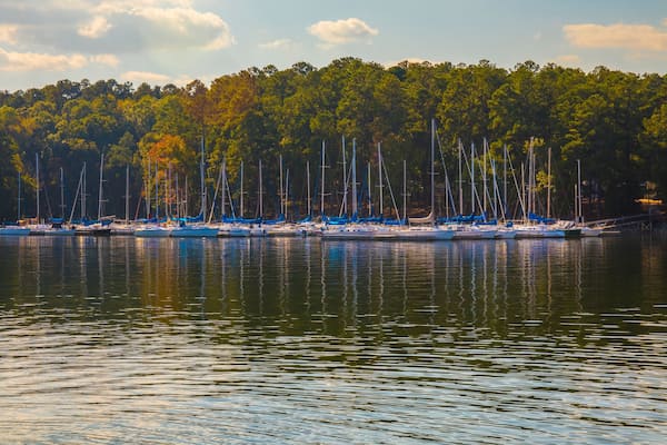 View of a peaceful lake and a marina in the distance at Lake Thurmond in Augusta Ga