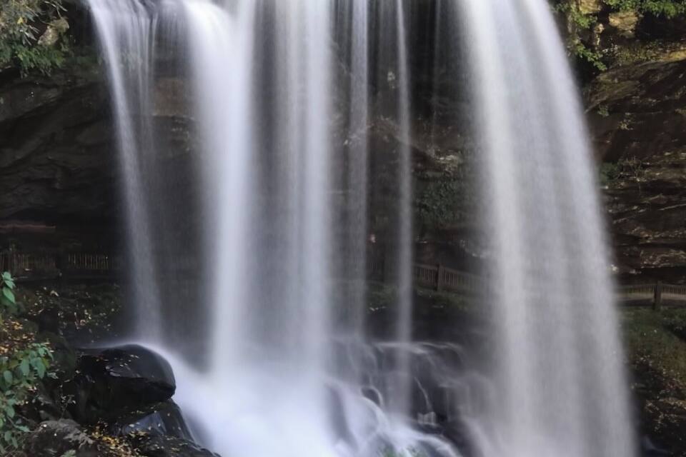 Une cascade d’eau se déversant sur une falaise rocheuse, le tout entouré d’une végétation luxuriante.