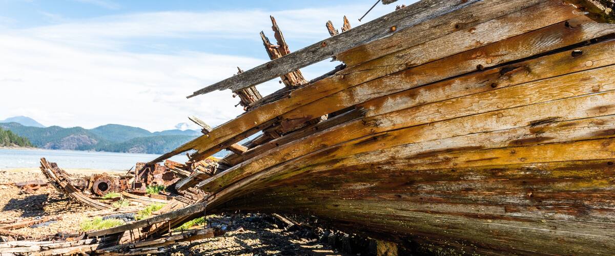 Detail of shipwreck in Squirrel Cove, Cortes Island, British Columbia, Canada