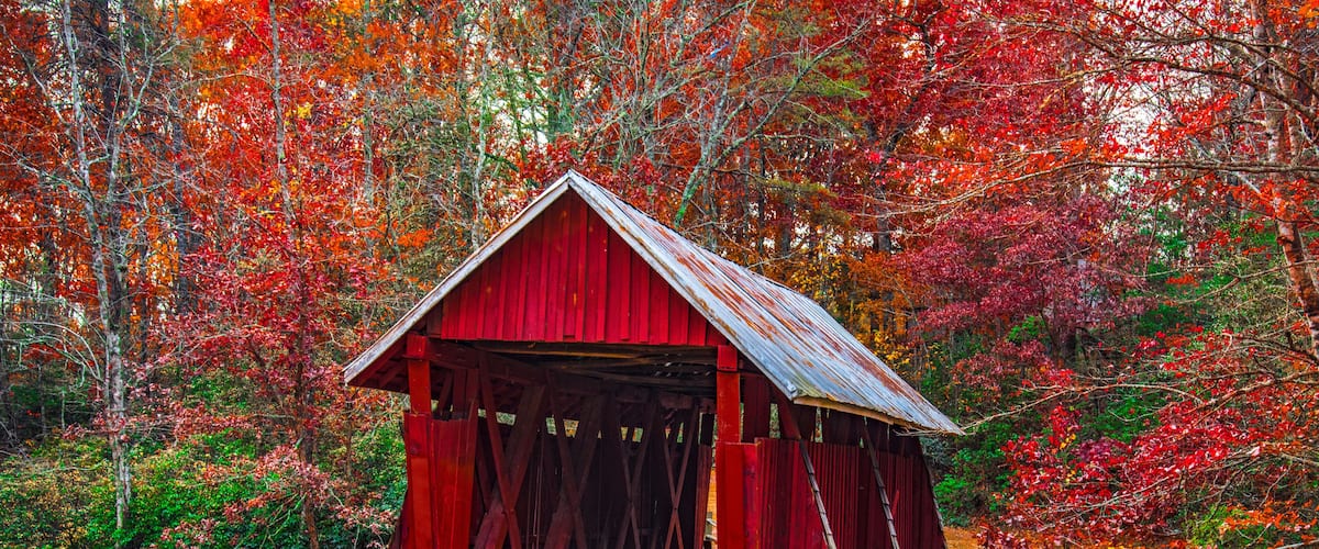 A red covered bridge in a forest with autumn foliage.