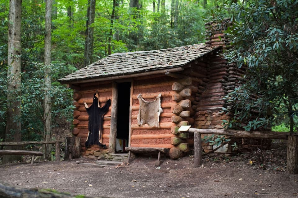 En rustik timmerstuga i en skog.
