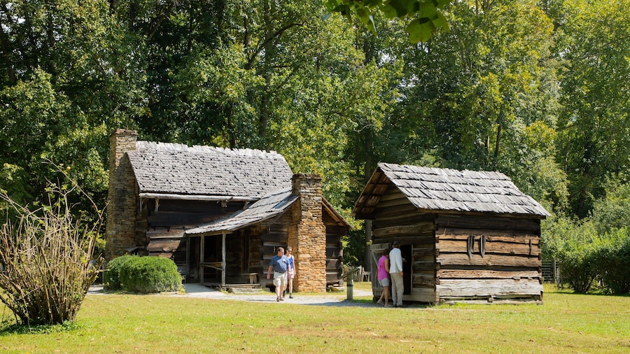 Mountain Farm Museum featuring a small town or village and heritage elements as well as a small group of people