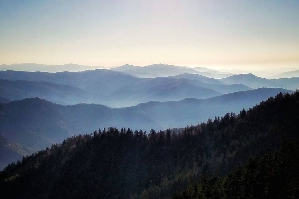 A mountain range with a forested foreground and distant peaks under a clear sky.
