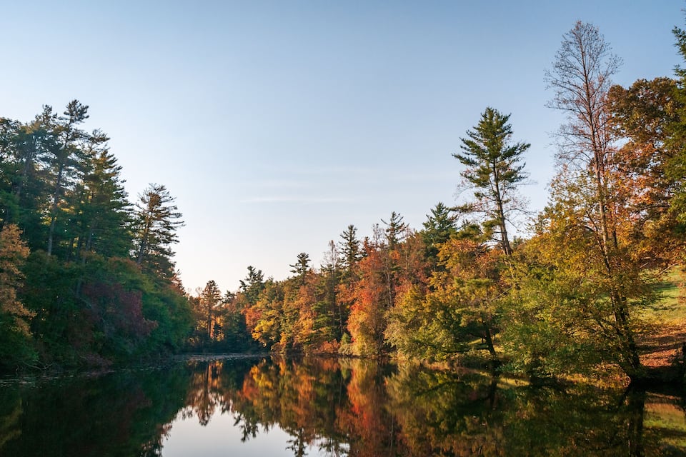 Un lago tranquilo rodeado de árboles con colores otoñales que reflejan el cielo.
