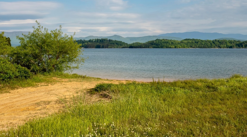 Douglas Lake in the spring in Tennessee with the Great Smoky Mountains in the background, the water and sandy shore with a blue sky filled with clouds in the distance.