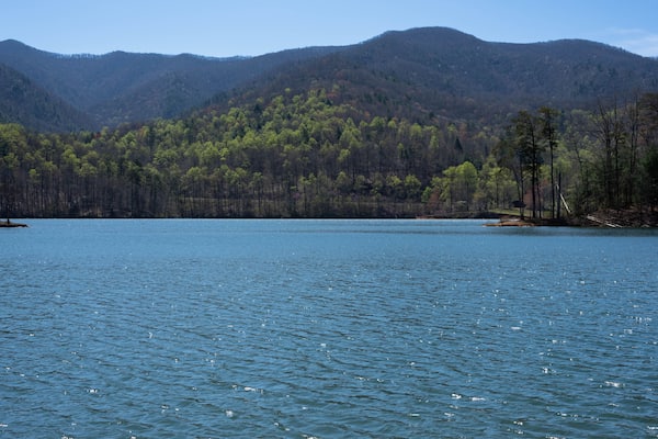 Peaceful, early spring morning view of Pond Mountain across Watauga Lake, Hampton, Tennessee.