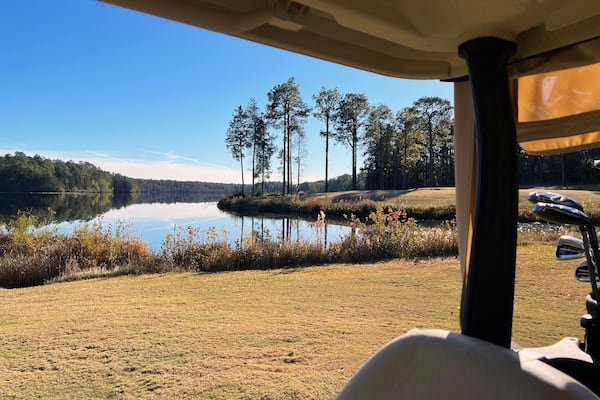 A lakeside view of the golf course at Cheraw State Park, South Carolina, USA.