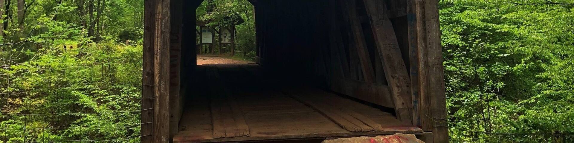 A wooden covered bridge in a forest.