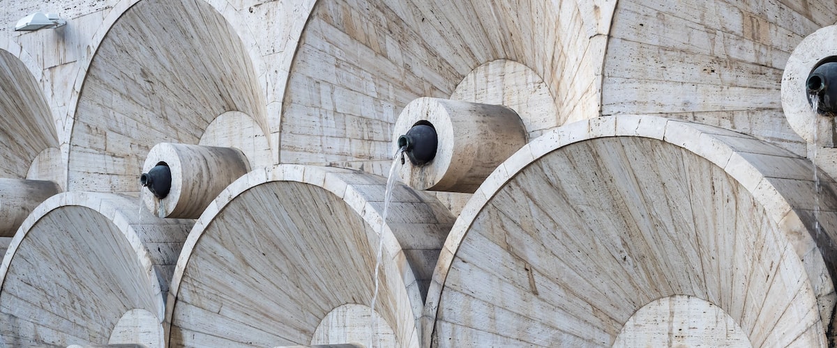 Scene of Yerevan Cascade building complex, detail of fountain construction design, wall sculptures decoration, modern architecture buildings in Yerevan, Armenia.
