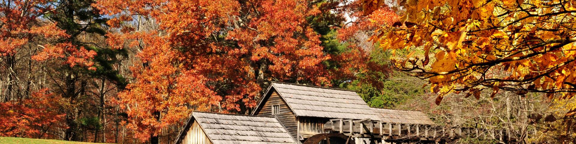 Mabry Mill with pond, one of the attractions on Blue Ridge Parkway, Virginia USA in Autumn.