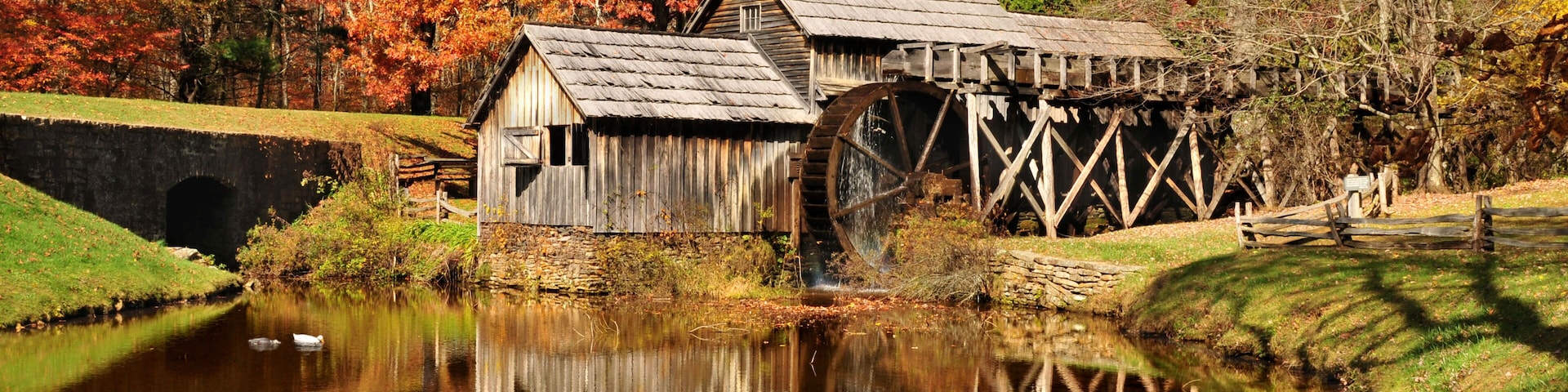 Mabry Mill with pond, one of the attractions on Blue Ridge Parkway, Virginia USA in Autumn.