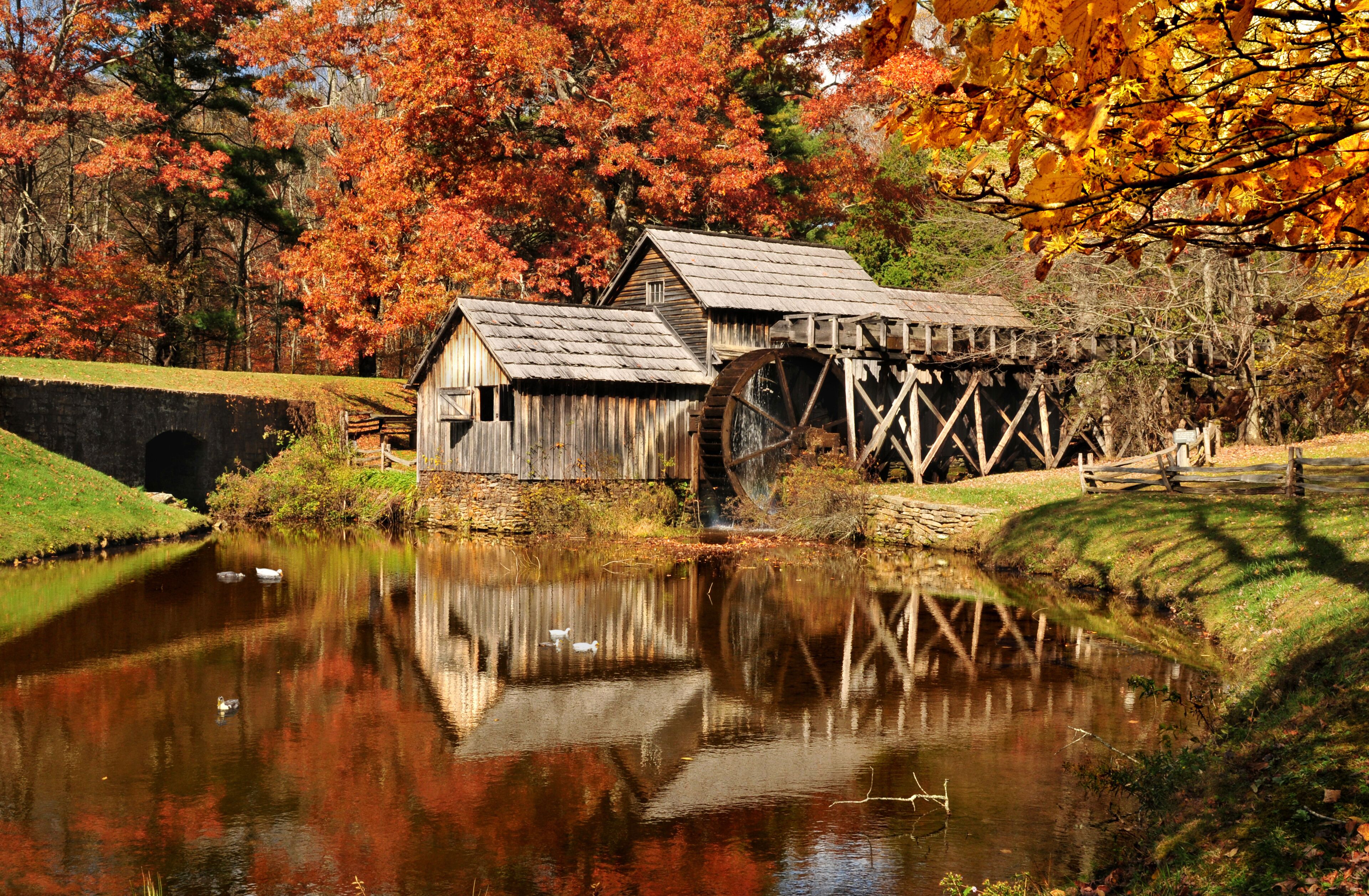 A rustic water mill with a wooden structure and a large water wheel, surrounded by a calm pond and autumn-colored trees.
