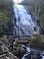 Ein Wasserfall in bewaldeter Landschaft, eine Person steht auf einem Felsen.
