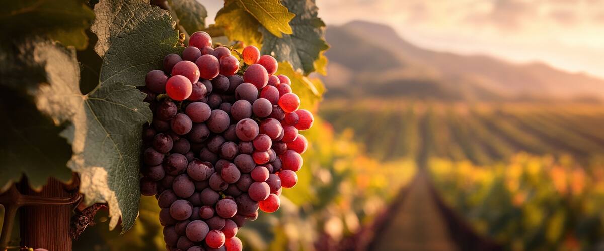 Lush vineyards at sunset with ripe grapes hanging from the vines in a serene countryside setting
