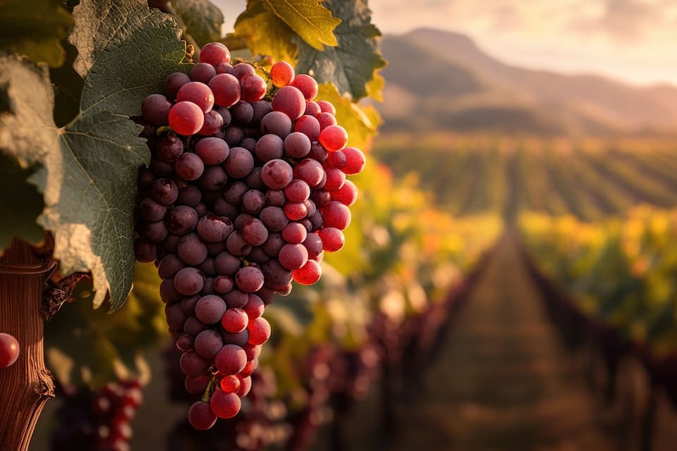 Viñedo con hileras de vid y un racimo de uvas rojas colgando de una vid.