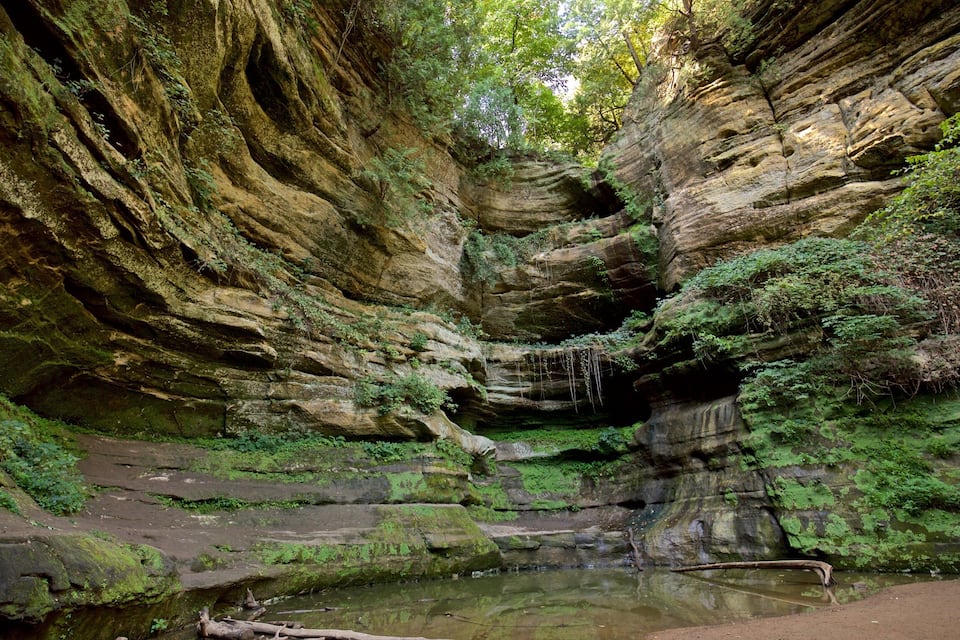 A narrow canyon with steep rock walls and a small stream at the bottom.