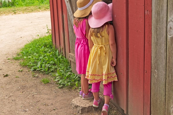 Twin Sisters Looking to See What is in the Barn