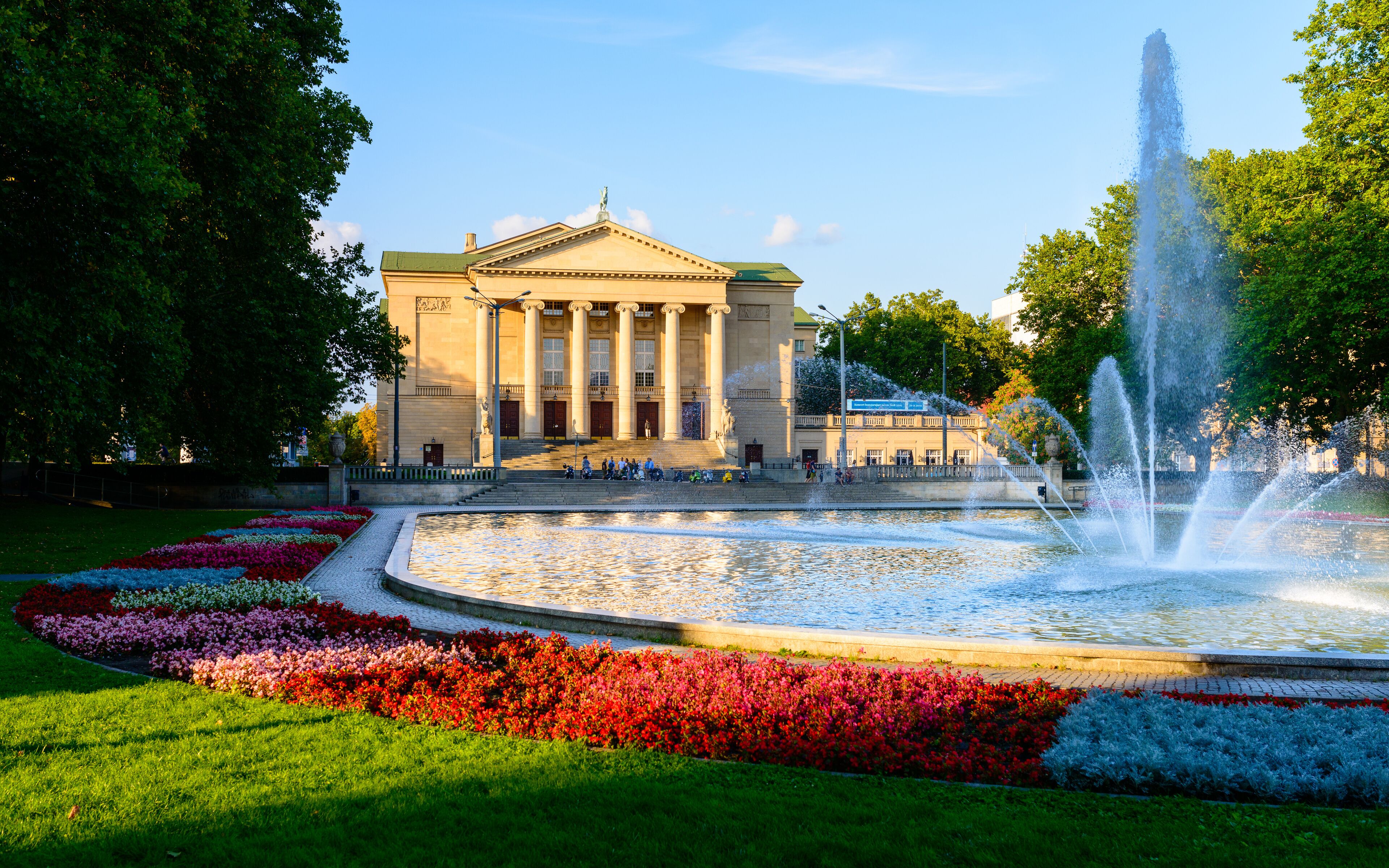 Grand Theatre - neoclassical opera house located in Poznań, Poland - in the rays of the setting sun