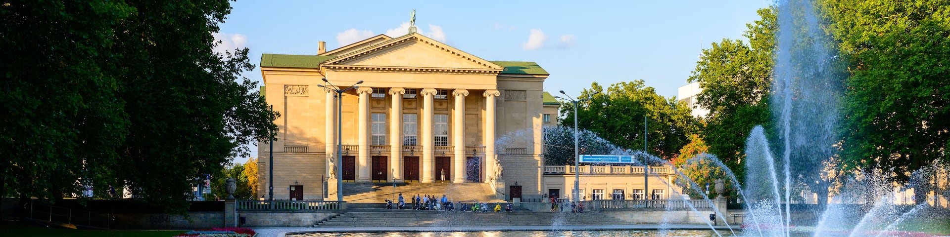 Grand Theatre - neoclassical opera house located in Poznań, Poland - in the rays of the setting sun