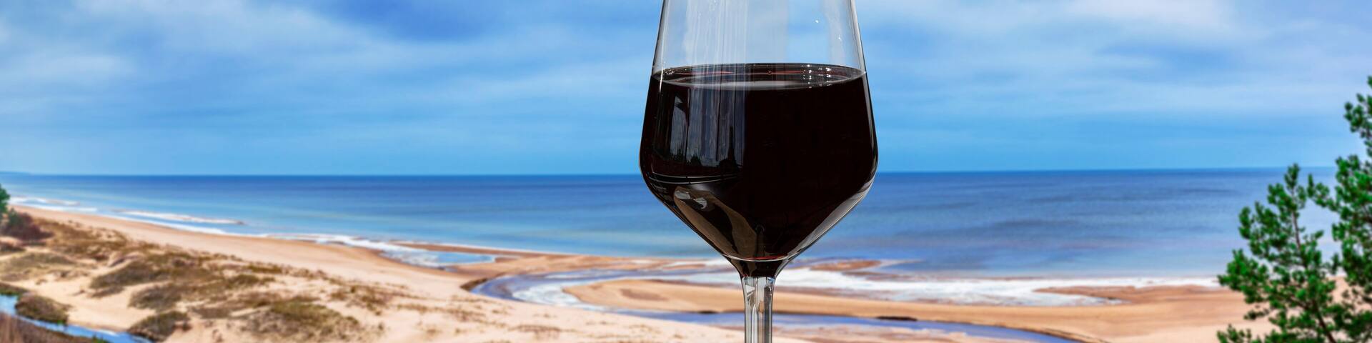 Glass of red wine with brie cheese against view of beach and Baltic see. Beach with white sand, pine tree and blue sea or ocean.