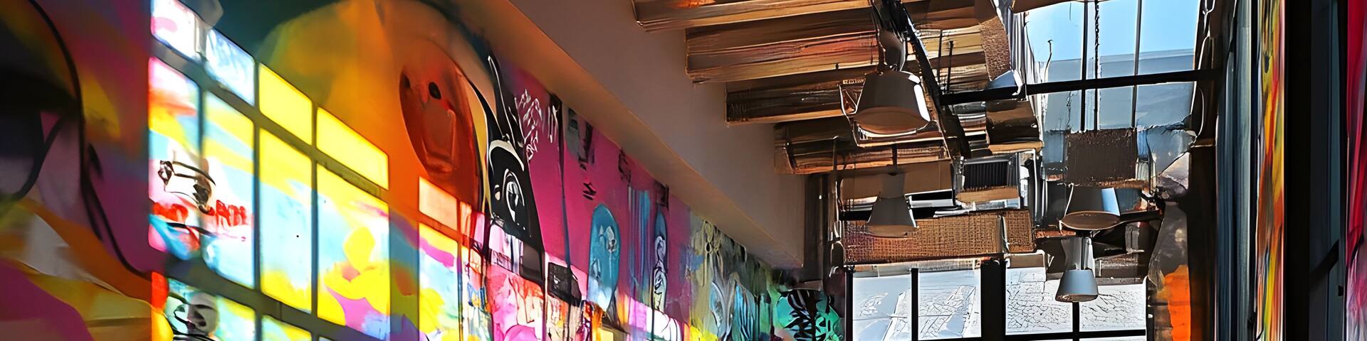 Bright colorful graffiti wall art, dreamlike atmosphere, soft shadows