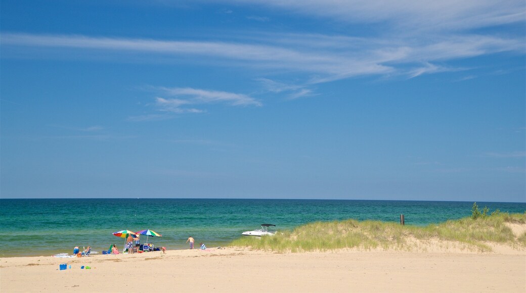 Muskegon State Park which includes a sandy beach and general coastal views as well as a small group of people