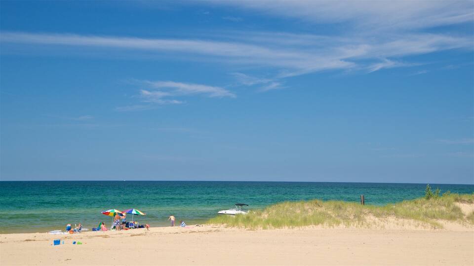 Muskegon State Park which includes a sandy beach and general coastal views as well as a small group of people