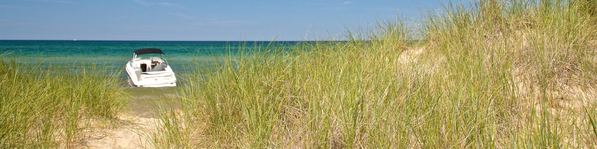 A boat on a sandy beach with tall grass and a clear blue sky.