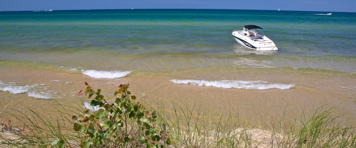 Muskegon State Park featuring general coastal views and boating