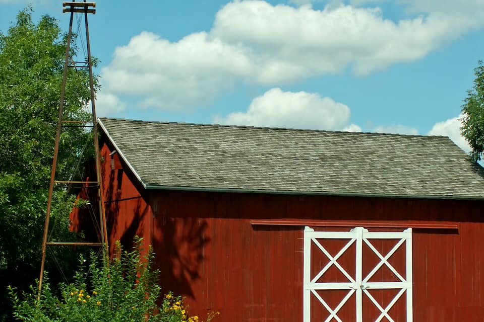 A red barn with a white barn door, a windmill, and a garden with yellow flowers.