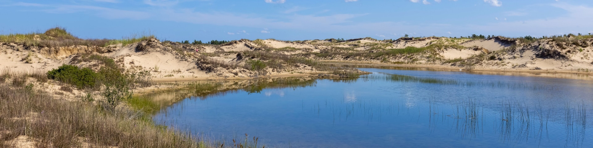 Um lago calmo rodeado por dunas de areia e vegetação rala sob um céu azul límpido.