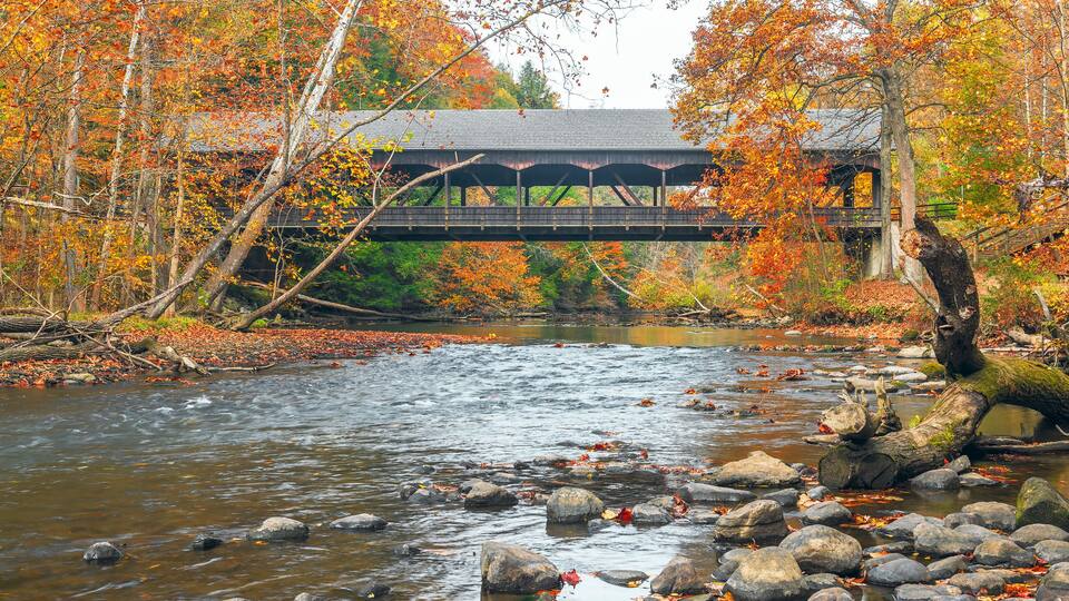 A river with rocks and autumn leaves, a wooden bridge, and a building with a covered walkway.