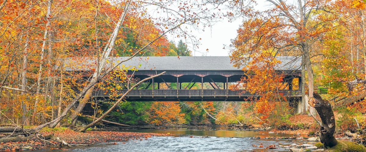A river with rocks and autumn leaves, a wooden bridge, and a building with a covered walkway.