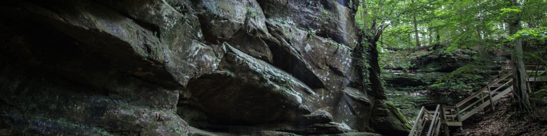 A waterfall cascading down a rocky cliff, surrounded by lush green forest and a wooden staircase leading up.