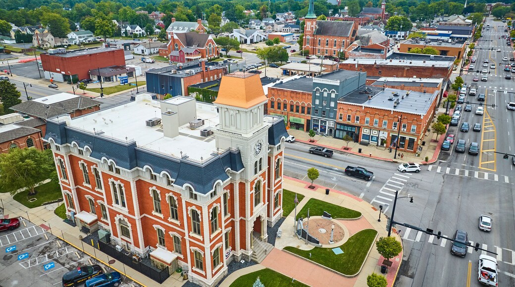 Aerial View of Historic Clock Tower in Defiance Ohio Town Center