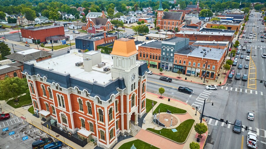 Aerial View of Historic Clock Tower in Defiance Ohio Town Center