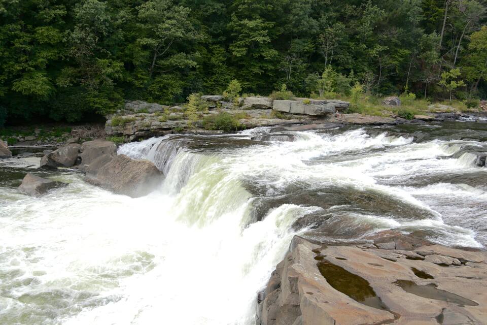 A waterfall cascading over rocks in a forested area.