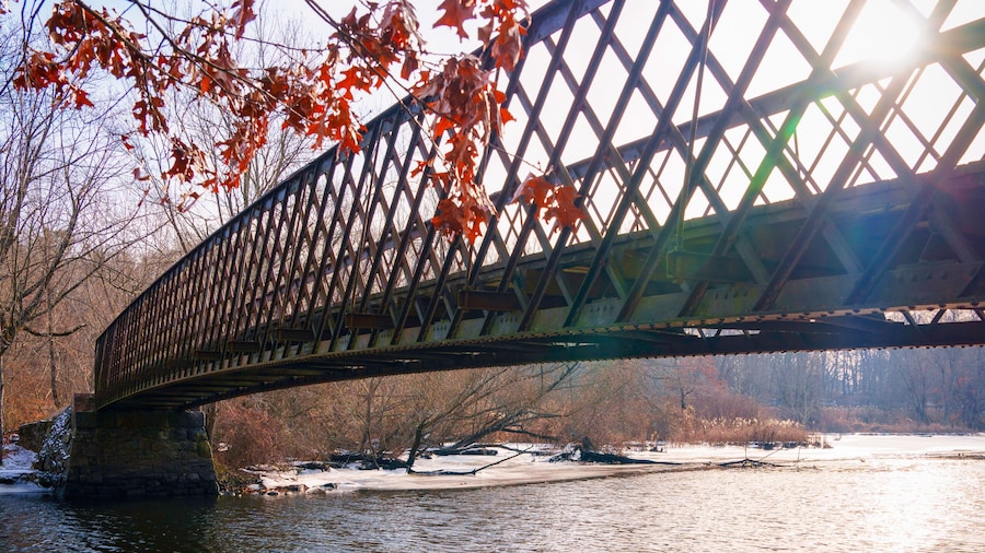 Historic Pedestrian Footbridge over the Mill River in East Rock Park, New Haven, Connecticut: Winter Landscape in New England of America