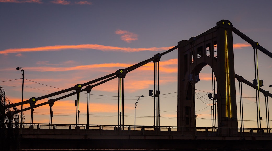 Three Rivers Heritage Trail featuring a sunset and a bridge