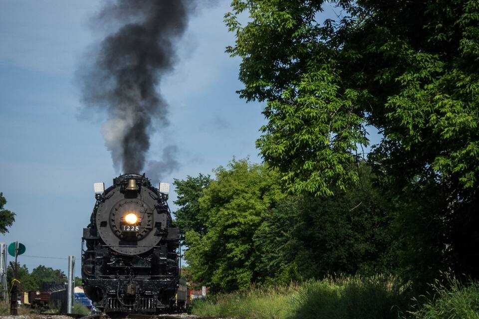 A steam locomotive emitting thick black smoke, traveling on a railway track surrounded by lush green trees.