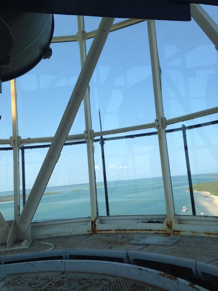 View from the lantern room at the top of Cape Lookout Lighthouse that was constructed in 1859 two years prior to the Civil War . The light was taken out of service during the war.