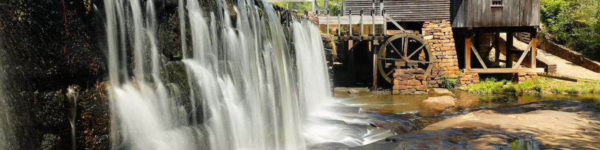 Historic Yates Mill at Yates Mill County Park, Raleigh North Carolina, USA. Historic Yates Mill County Park is a 174-acre park in the southwestern part of Wake County