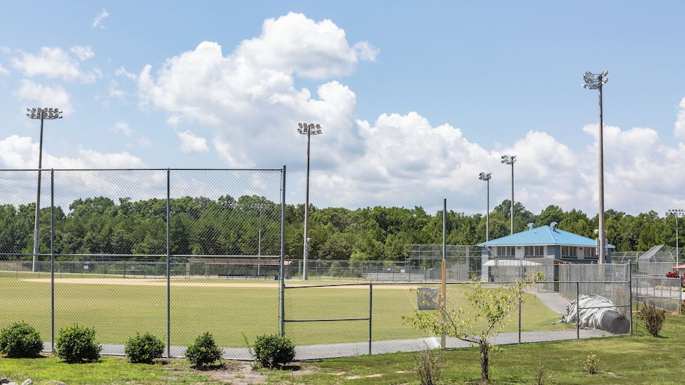 A baseball field with a chain-link fence, floodlights, a blue-roofed building, and a wooded area in the background.